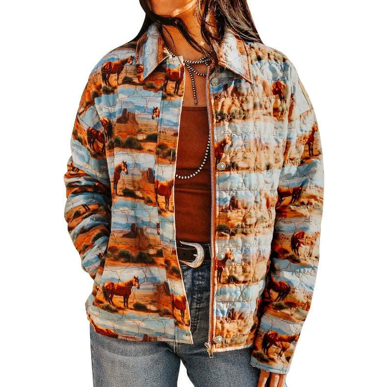DESERT HORSE PRINTED QUILTED JACKET. W FRONT POCKETS