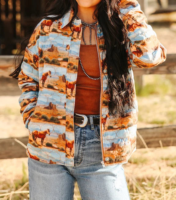 DESERT HORSE PRINTED QUILTED JACKET. W FRONT POCKETS