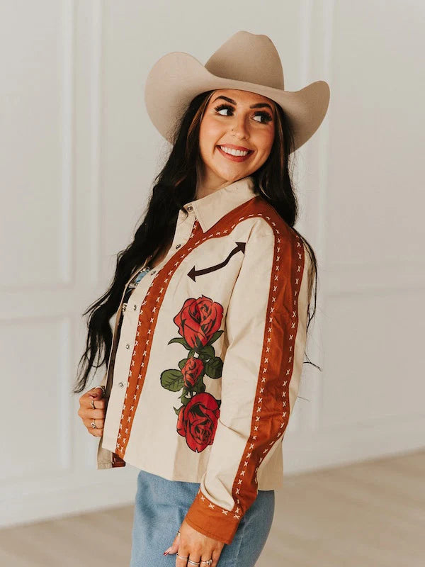 TAN CAMEL EMBROIDERED PEARL SNAP BUTTON DOWN SHIRT
