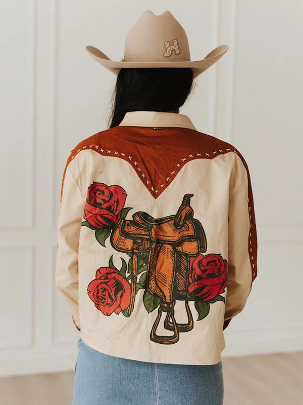 TAN CAMEL EMBROIDERED PEARL SNAP BUTTON DOWN SHIRT