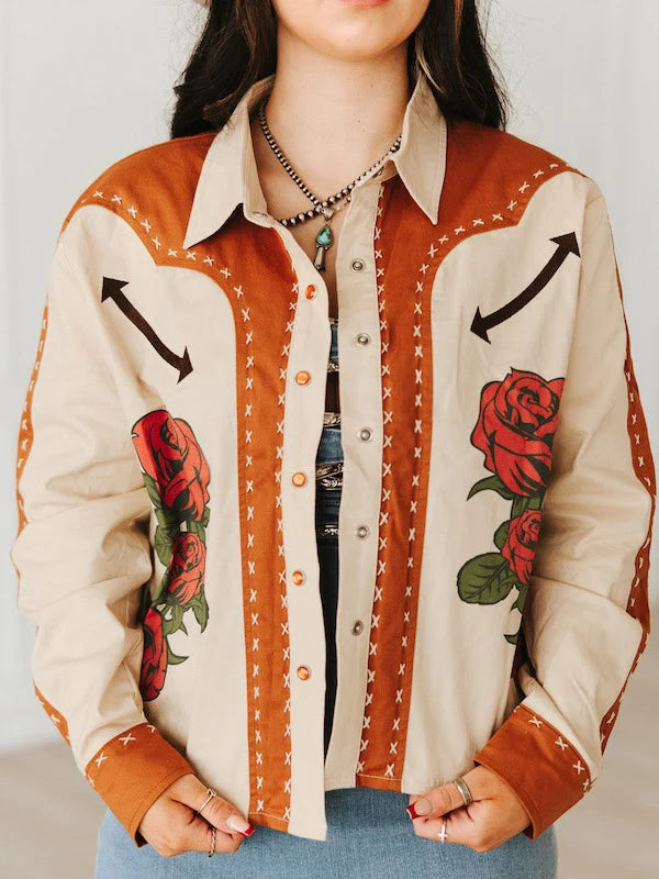 TAN CAMEL EMBROIDERED PEARL SNAP BUTTON DOWN SHIRT