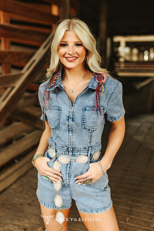 STONE VINTAGE WASH SHORT SLEEVE DENIM ROMPER