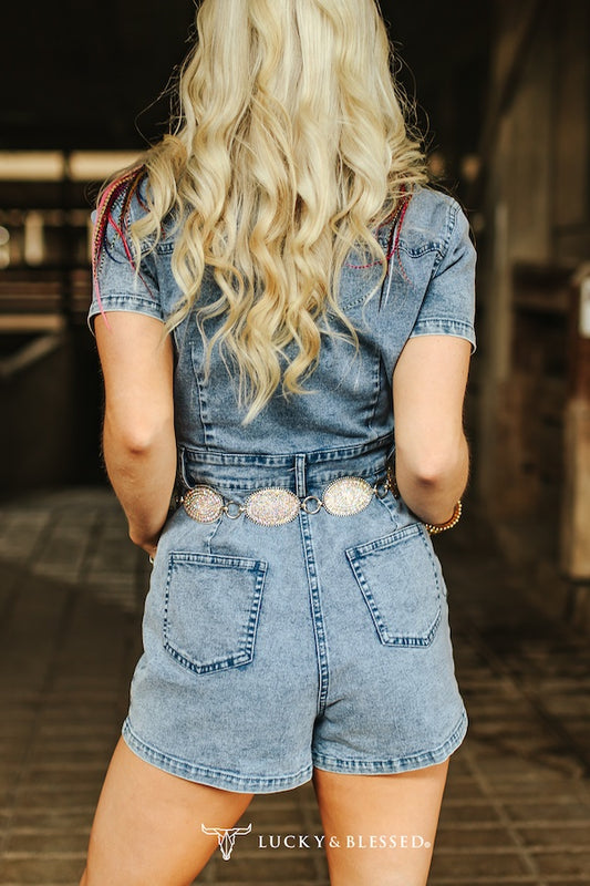 STONE VINTAGE WASH SHORT SLEEVE DENIM ROMPER