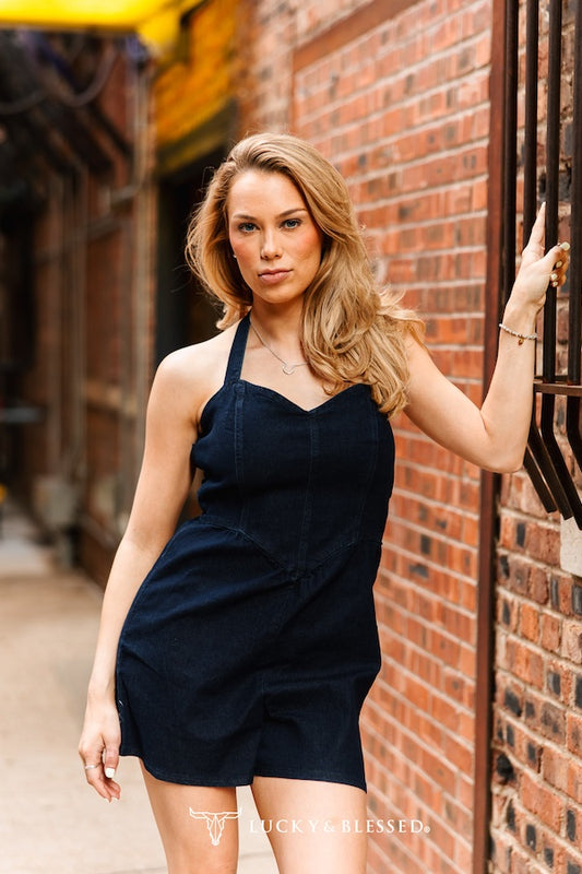 DARK WASH HALTER DENIM ROMPER SMOCK BACK ROMPER