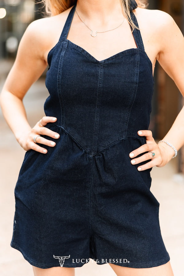 DARK WASH HALTER DENIM ROMPER SMOCK BACK ROMPER