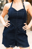 DARK WASH HALTER DENIM ROMPER SMOCK BACK ROMPER