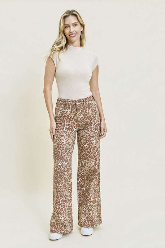 JUDY BLUE HIGH WAIST LUX RETRO WIDE WINTER LEOPARD JEANS