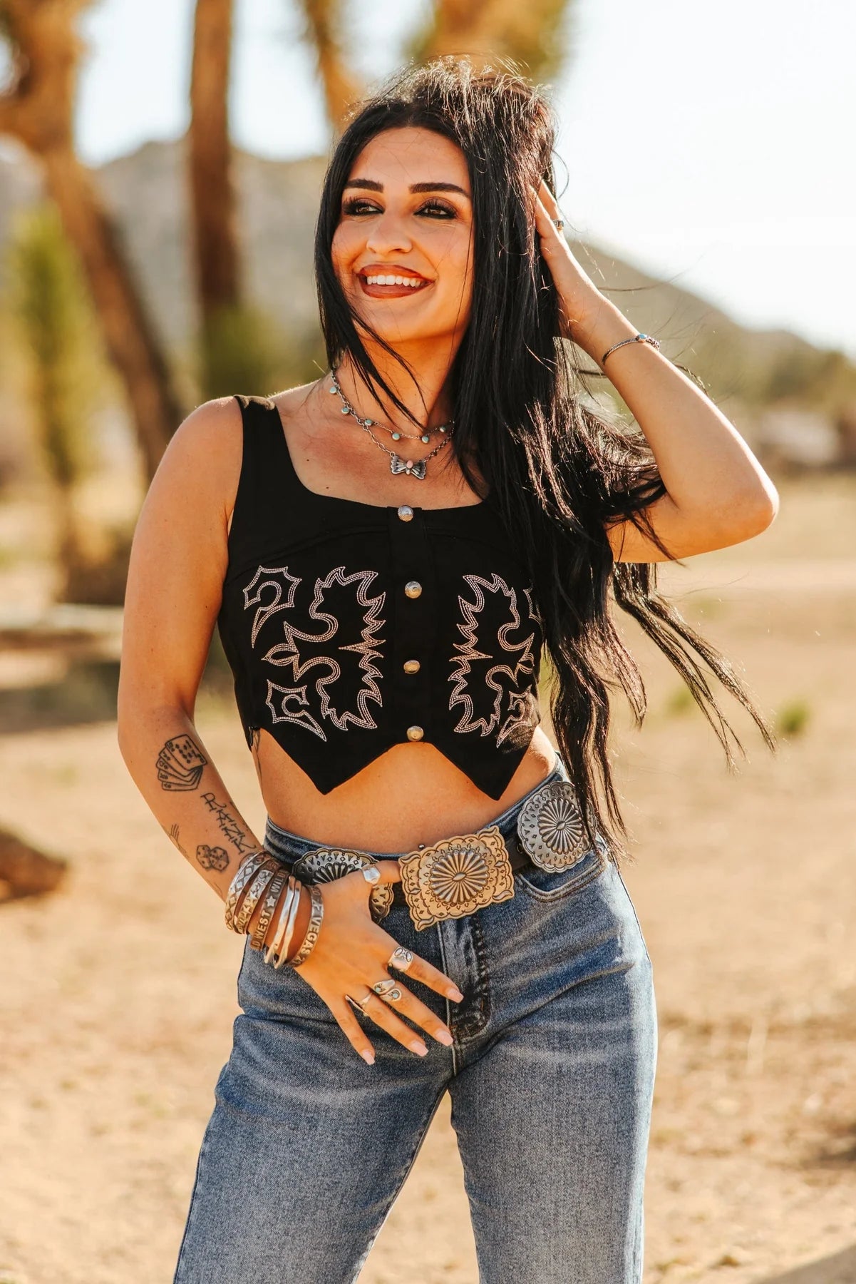 BLACK STRETCH SUEDE-LIKE BOOT STITCH EMBROIDERED BUTTON DOWN