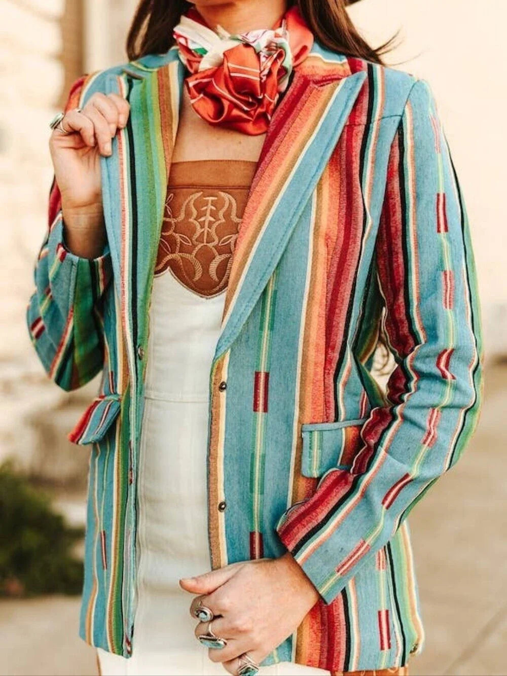 JACQUARD WOVEN JADE SERAPE MULTI CONCHO BUTTON DOWN BLAZER