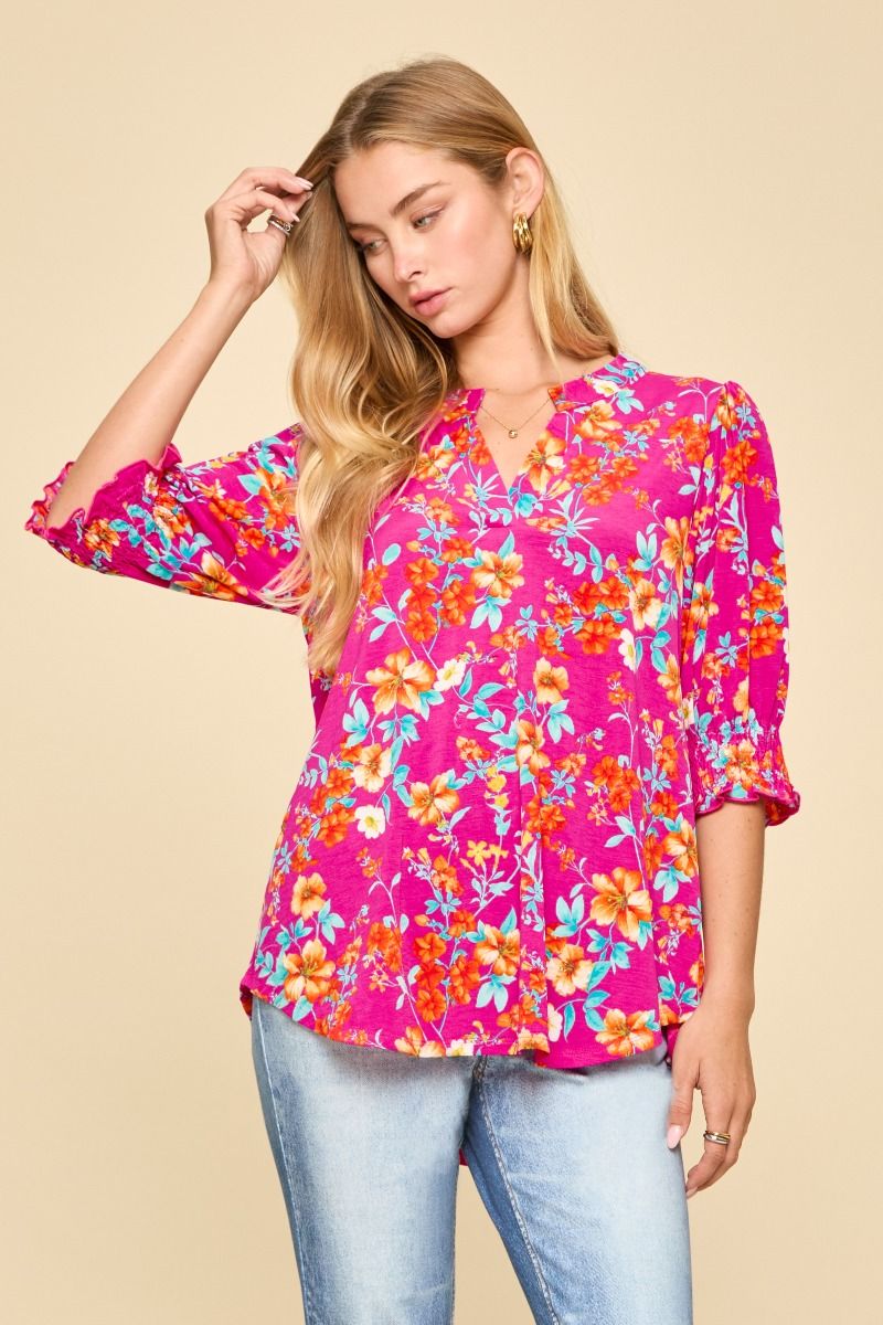 THE LIZZY SMOCKED TOP - HOT PINK