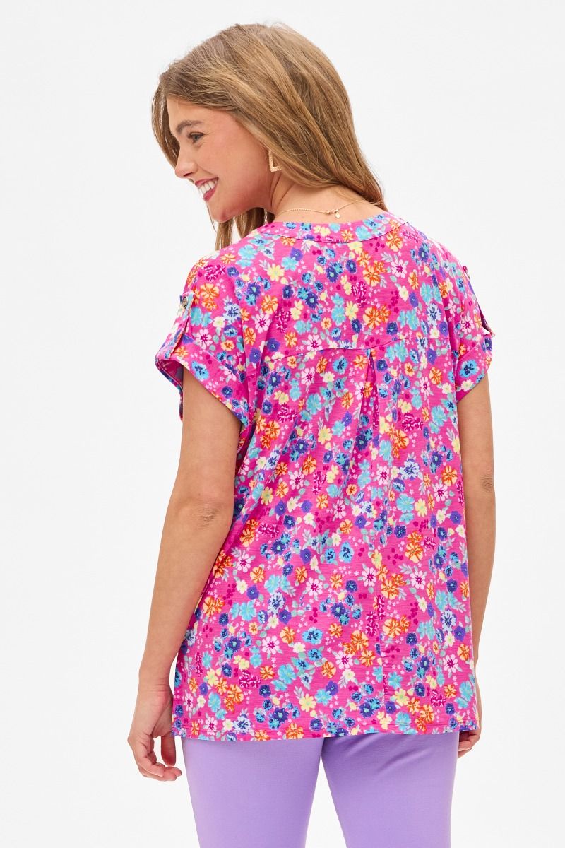 SPLIT NECKLINE DOLMAN SLEEVES TOP - PINK MULTI
