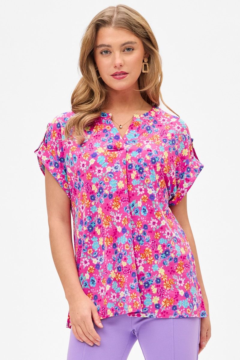 SPLIT NECKLINE DOLMAN SLEEVES TOP - PINK MULTI