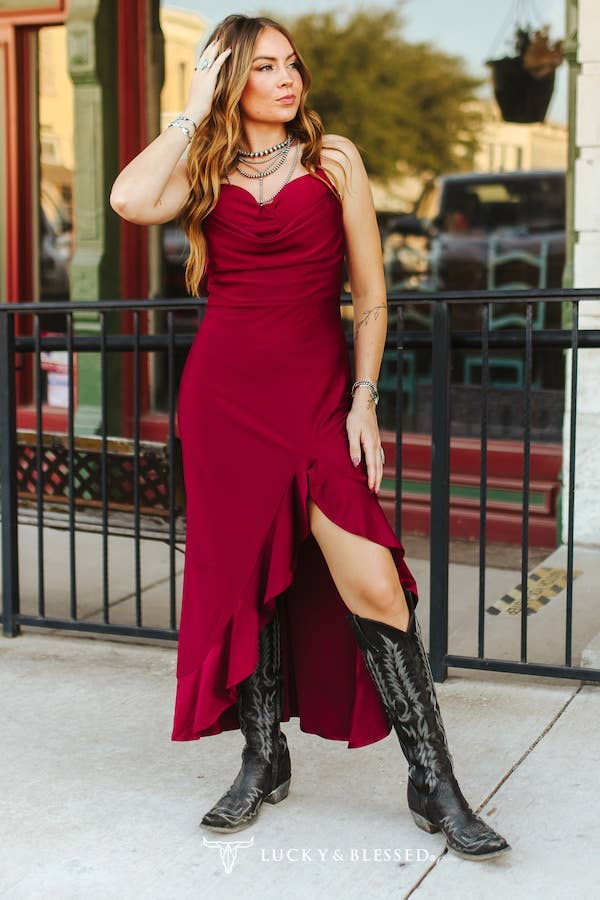 BURGUNDY STRAP RUFFLE FRONT SLIT DRESS