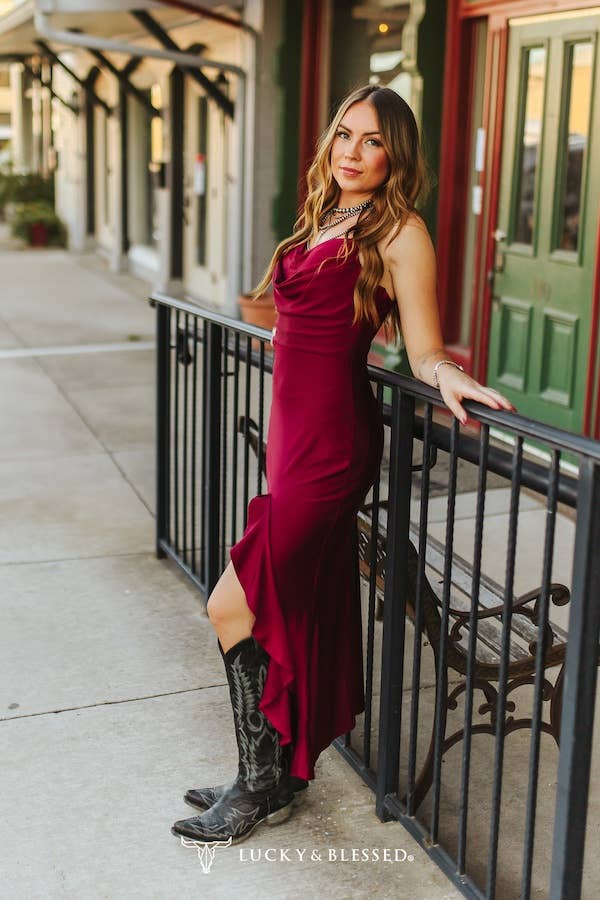BURGUNDY STRAP RUFFLE FRONT SLIT DRESS