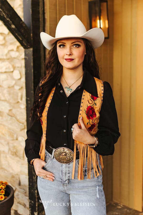 STRETCH SUEDE STUDDED FLORAL EMBROIDERED FRINGE VEST CAMEL