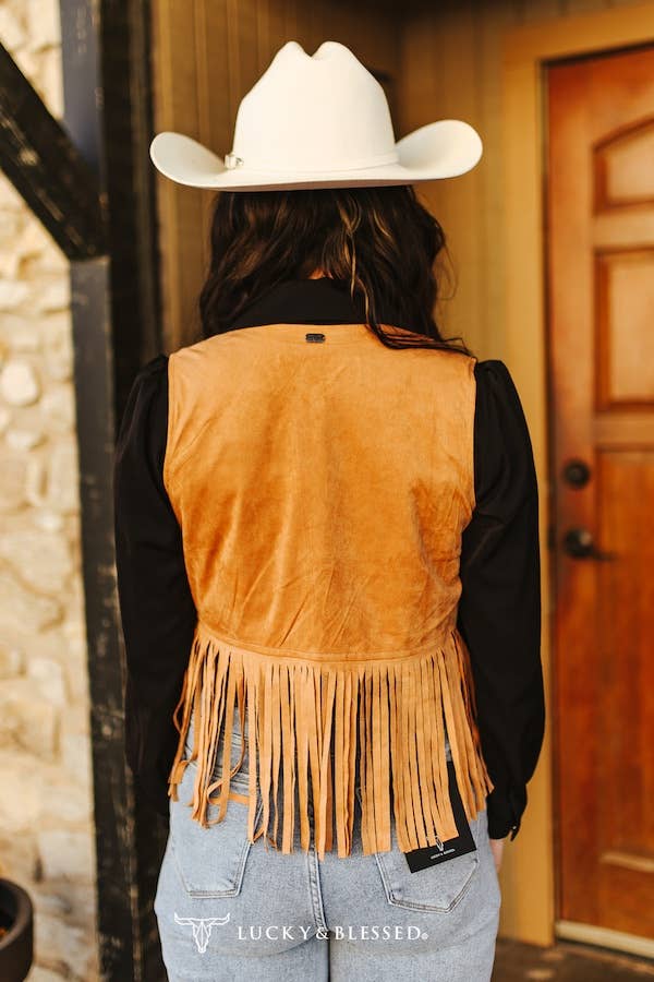 STRETCH SUEDE STUDDED FLORAL EMBROIDERED FRINGE VEST CAMEL