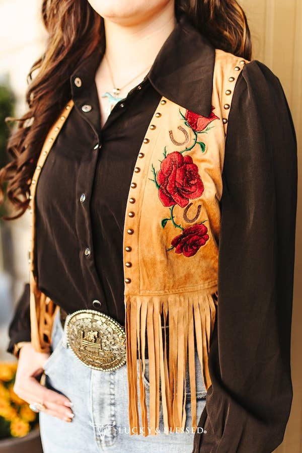 STRETCH SUEDE STUDDED FLORAL EMBROIDERED FRINGE VEST CAMEL