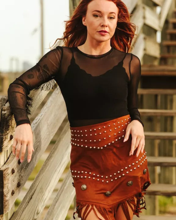 CAMEL STRETCH SUEDE FRINGE HEM STUDDED CONCHO SKIRT