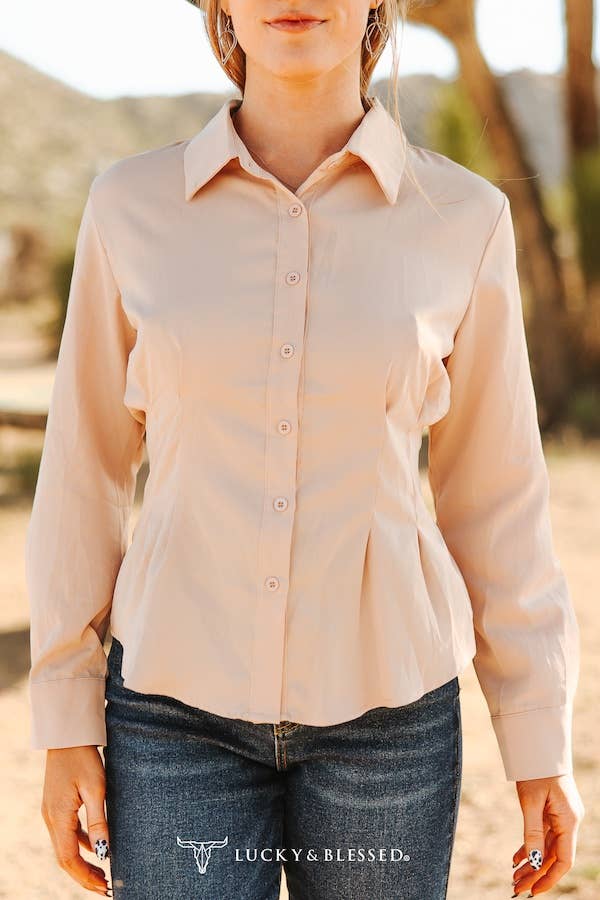 BEIGE BUTTON DOWN LONG SLEEVE COLLARD SHIRT