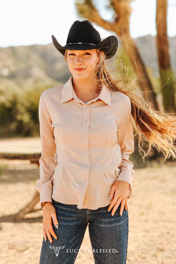 BEIGE BUTTON DOWN LONG SLEEVE COLLARD SHIRT