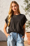ROUND NECKLINE DOLMAN TOP WITH POCKET - BLACK