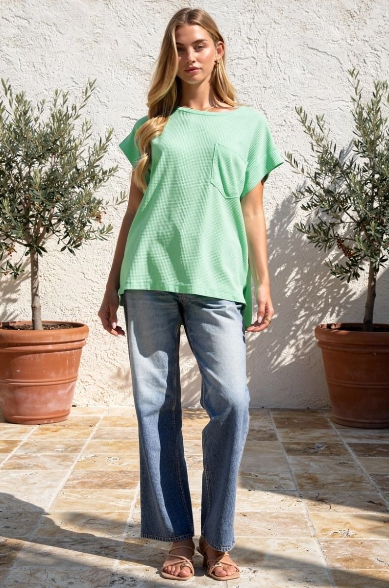 ROUND NECKLINE DOLMAN TOP WITH POCKET - CASCADE MINT