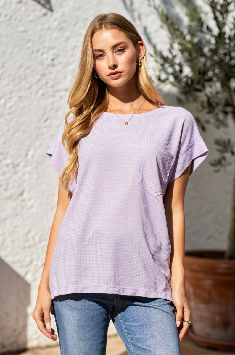 ROUND NECKLINE DOLMAN TOP WITH POCKET - LILAC MIST
