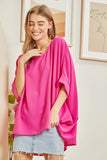 SOLID CASUAL ROUND NECKLINE DOLMAN SLEEVES TOP - HOT PINK