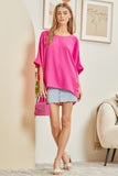 SOLID CASUAL ROUND NECKLINE DOLMAN SLEEVES TOP - HOT PINK