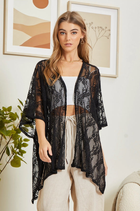 EMBROIDERY COVER UP WITH KIMONO SLEEVES - BLACK