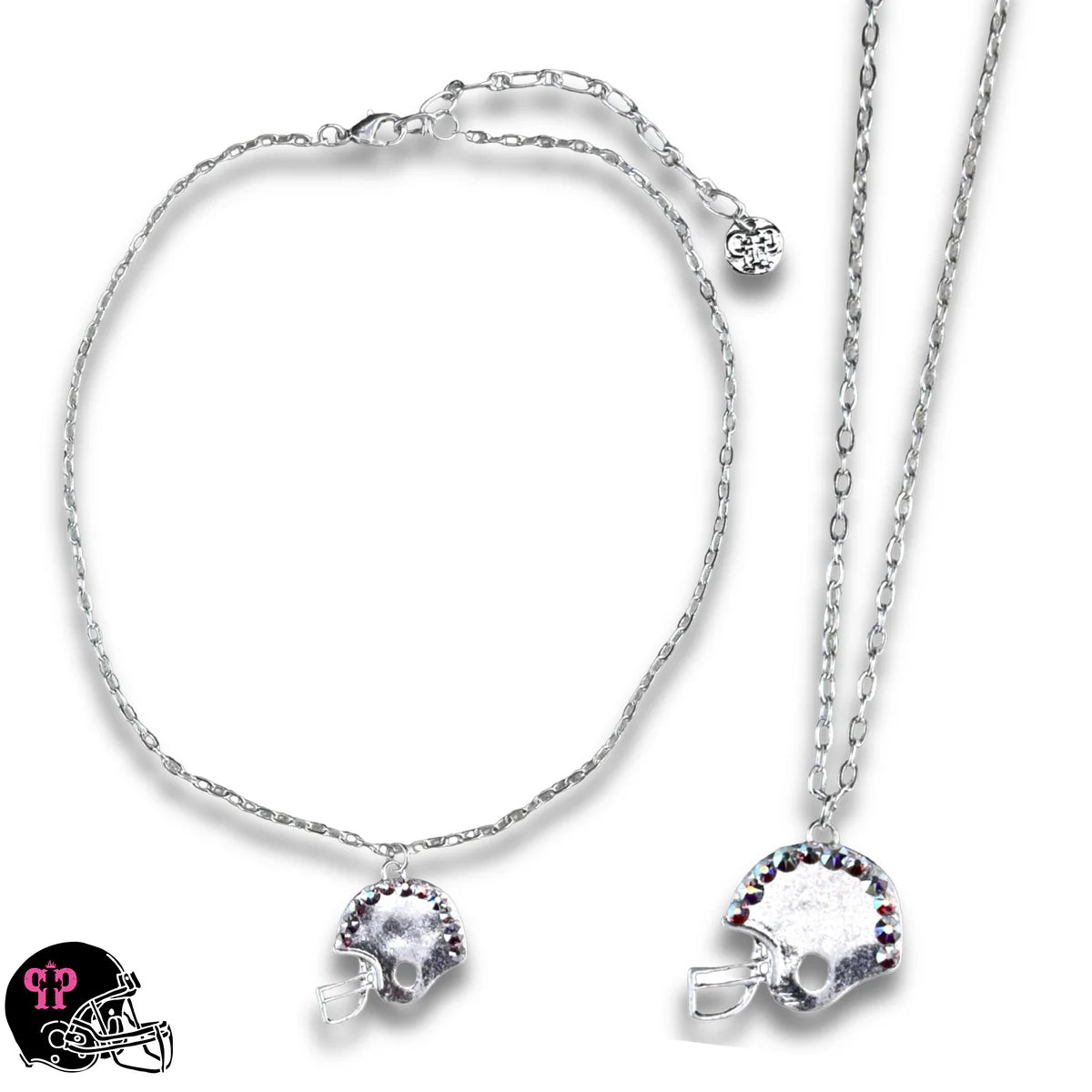 PINK PANACHE SILVER FOOTBALL HELMET PENDANT AB STONE NECKLACE - N130SAB