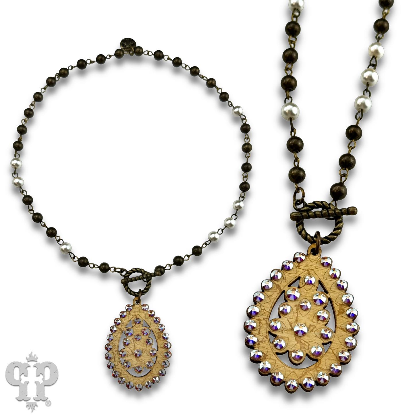 Toggle necklace with Austrian crystal Santa Fe teardrop pendant - Iridescent AB STONE