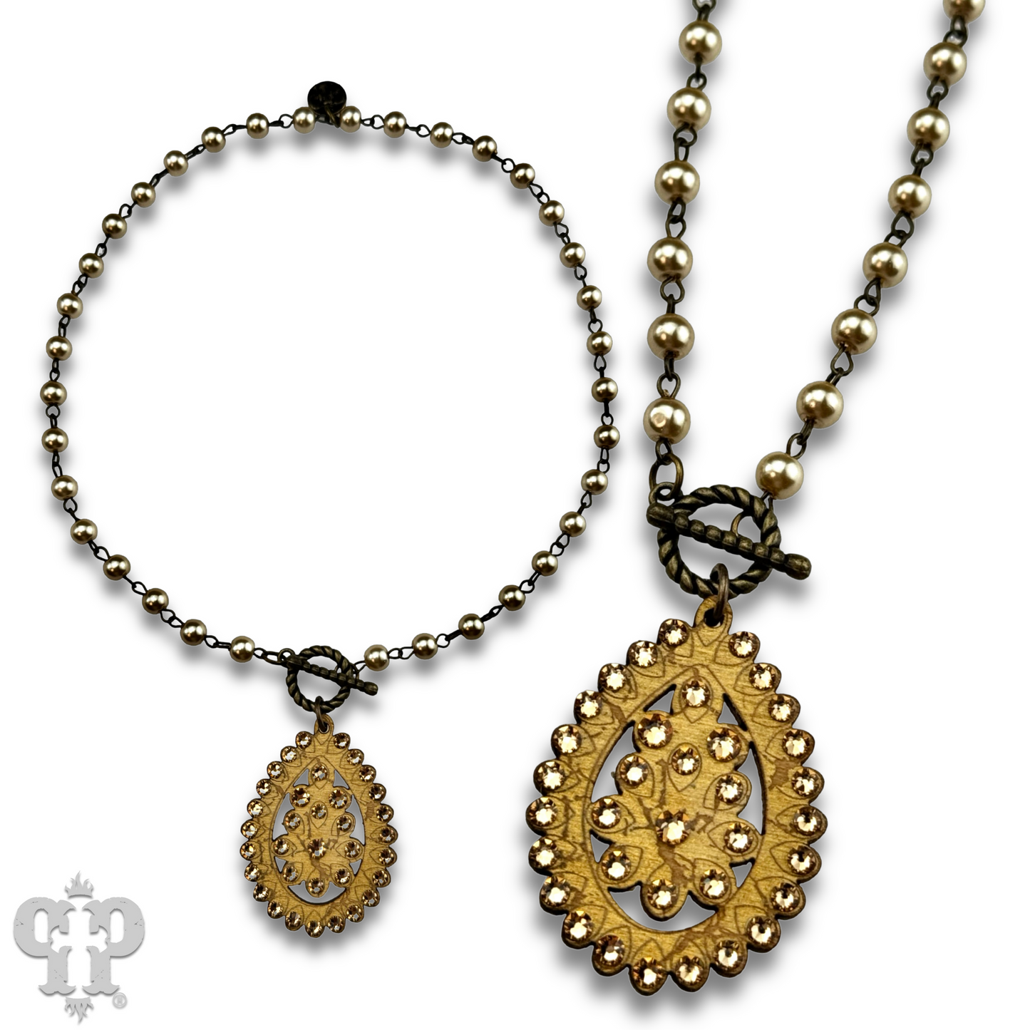 Toggle necklace with Austrian crystal Santa Fe teardrop pendant - GOLD