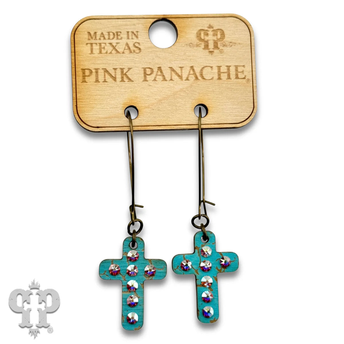 PINK PANACHE TURQUOISE MINI CROSS WOOD WITH CRYSTALS EARRINGS - E574TQ