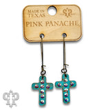 PINK PANACHE TURQUOISE MINI CROSS WOOD WITH CRYSTALS EARRINGS - E574TQ