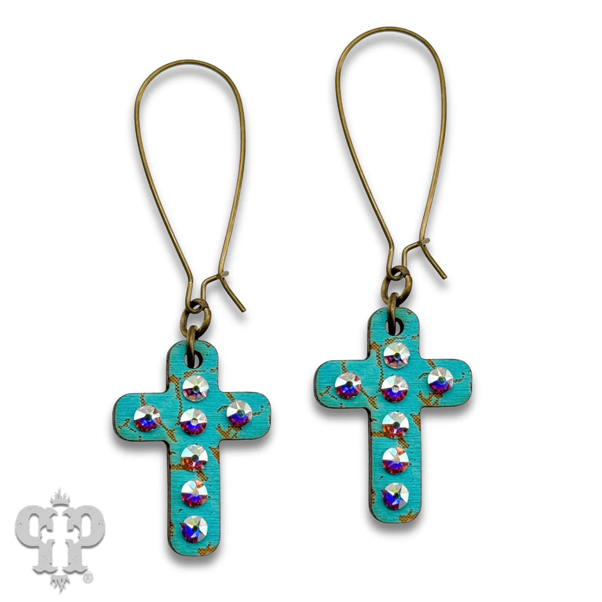 PINK PANACHE TURQUOISE MINI CROSS WOOD WITH CRYSTALS EARRINGS - E574TQ