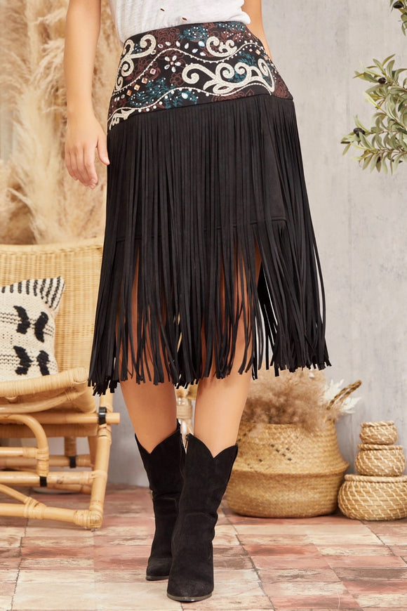 EMBRODIERY FRINGE SUEDE SKIRT