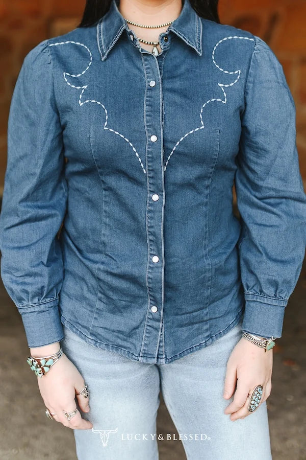 MID WASH DENIM STRETCH CONTRAST EMBROIDERED PUFF LONG SLEEVE SHIRT