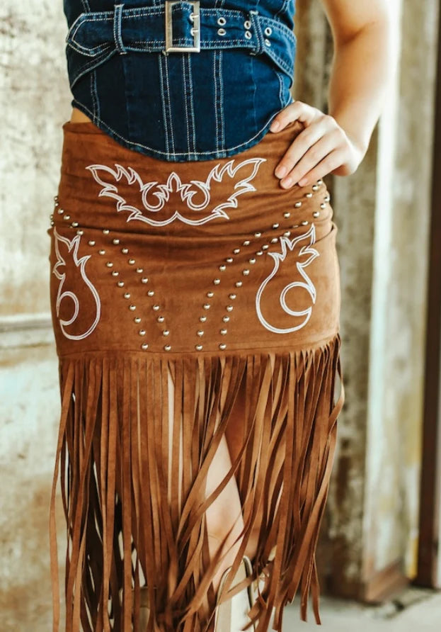 SUEDE BOOT STICH EMBROIDERED STUDDED FRINGE HEM STRETCH SKIRT - Brown
