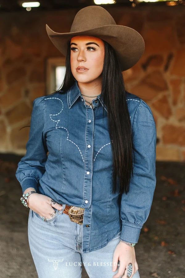 MID WASH DENIM STRETCH CONTRAST EMBROIDERED PUFF LONG SLEEVE SHIRT