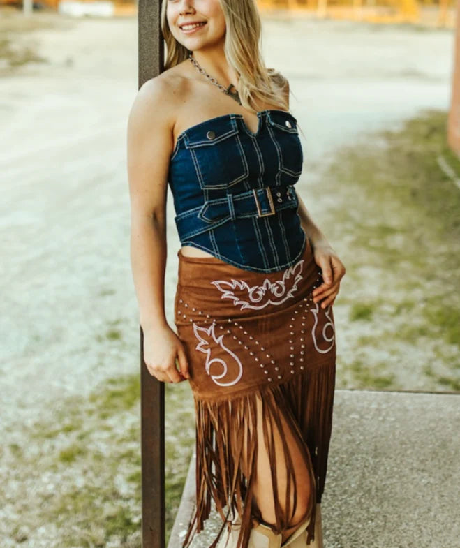 SUEDE BOOT STICH EMBROIDERED STUDDED FRINGE HEM STRETCH SKIRT - Brown
