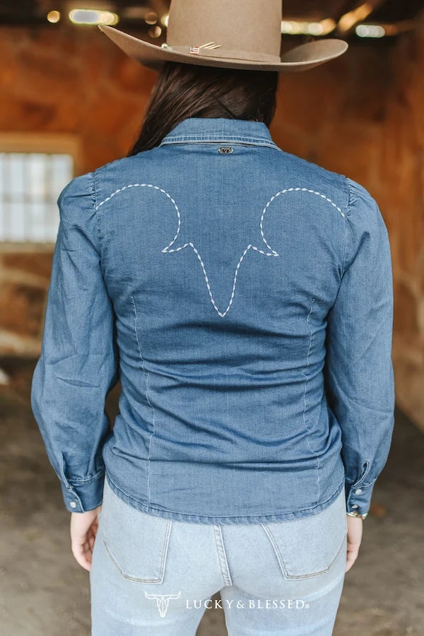 MID WASH DENIM STRETCH CONTRAST EMBROIDERED PUFF LONG SLEEVE SHIRT