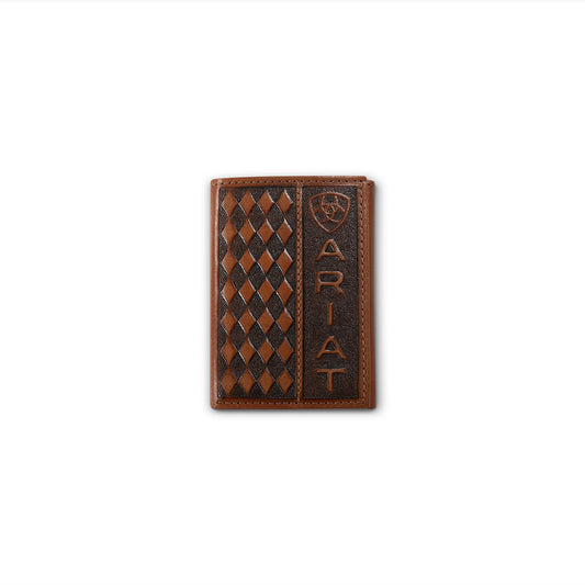 ARIAT MENS TRI FOLD WALLET DIAMOND EMBOSSED BROWN