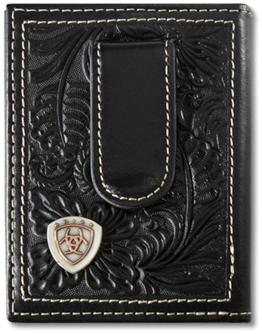 ARIAT MENS MONEY CLIP STYLE WALLET FLORAL EMBOSSED SHIELD - BLACK