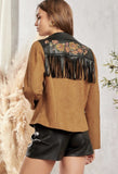 FLORAL EMBROIDERY VEGAN LEATHER JACKET WITH BACK FRINGE