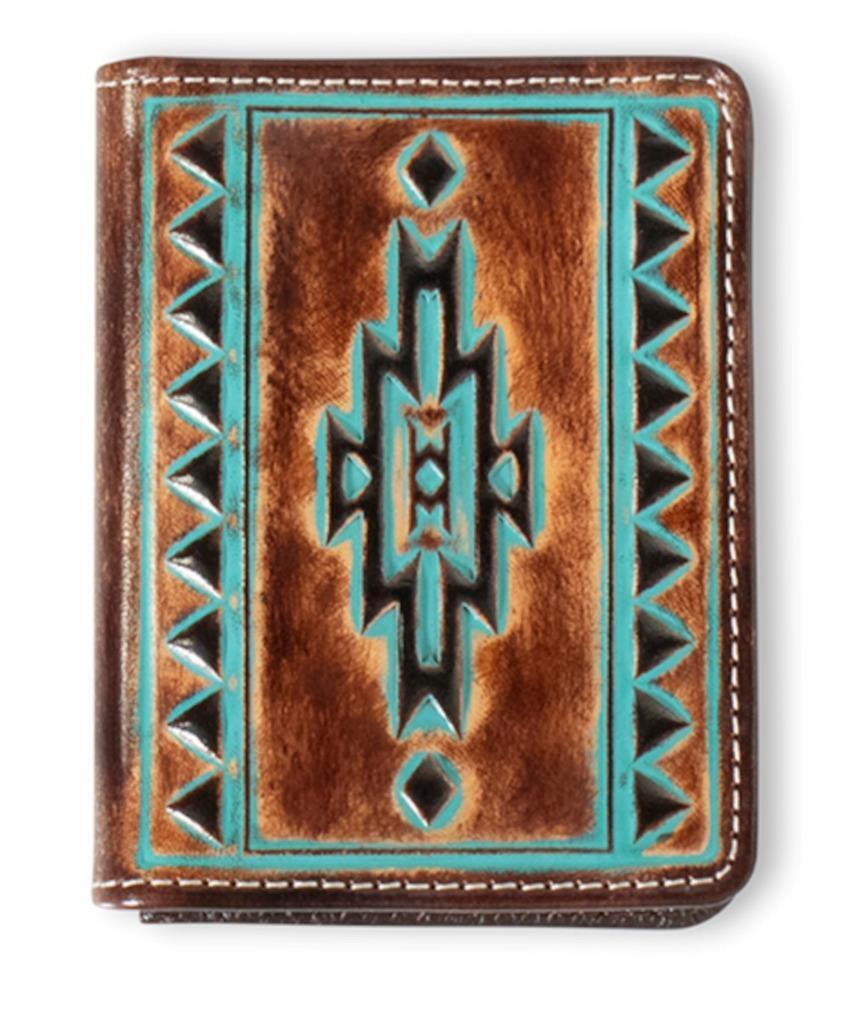 ARIAT MENS BIFOLD FLIP STYLE WALLET TURQUOISE OUTLINE SOUTHWESTERN - BROWN
