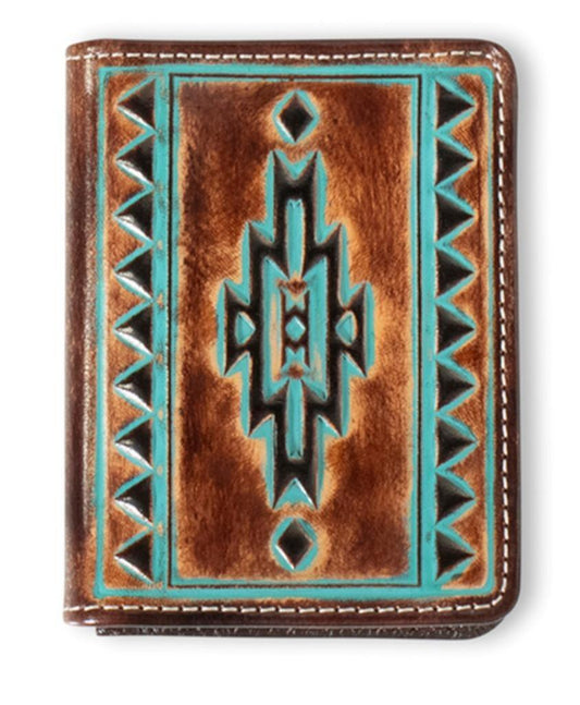 ARIAT MENS BIFOLD FLIP STYLE WALLET TURQUOISE OUTLINE SOUTHWESTERN - BROWN