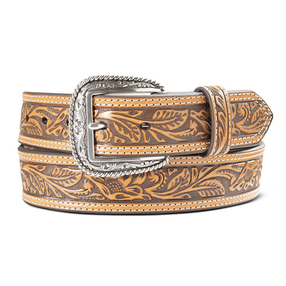 ARIAT MENS FLORAL TOOLED DOUBLE STITCHED BELT - TAN
