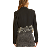 CROPPED RHINESTONE FRINGE BLAZER - BLACK