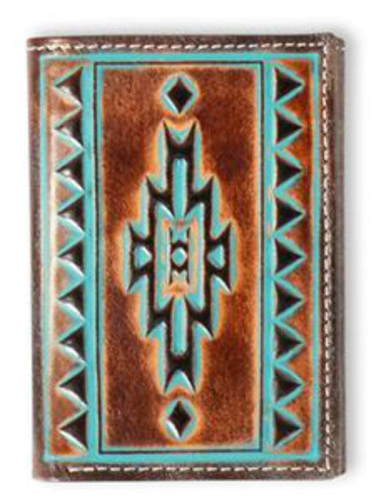 ARIAT MENS TRIFOLD STYLE WALLET TURQUOISE OUTLINE SOUTHWESTERN - BROWN